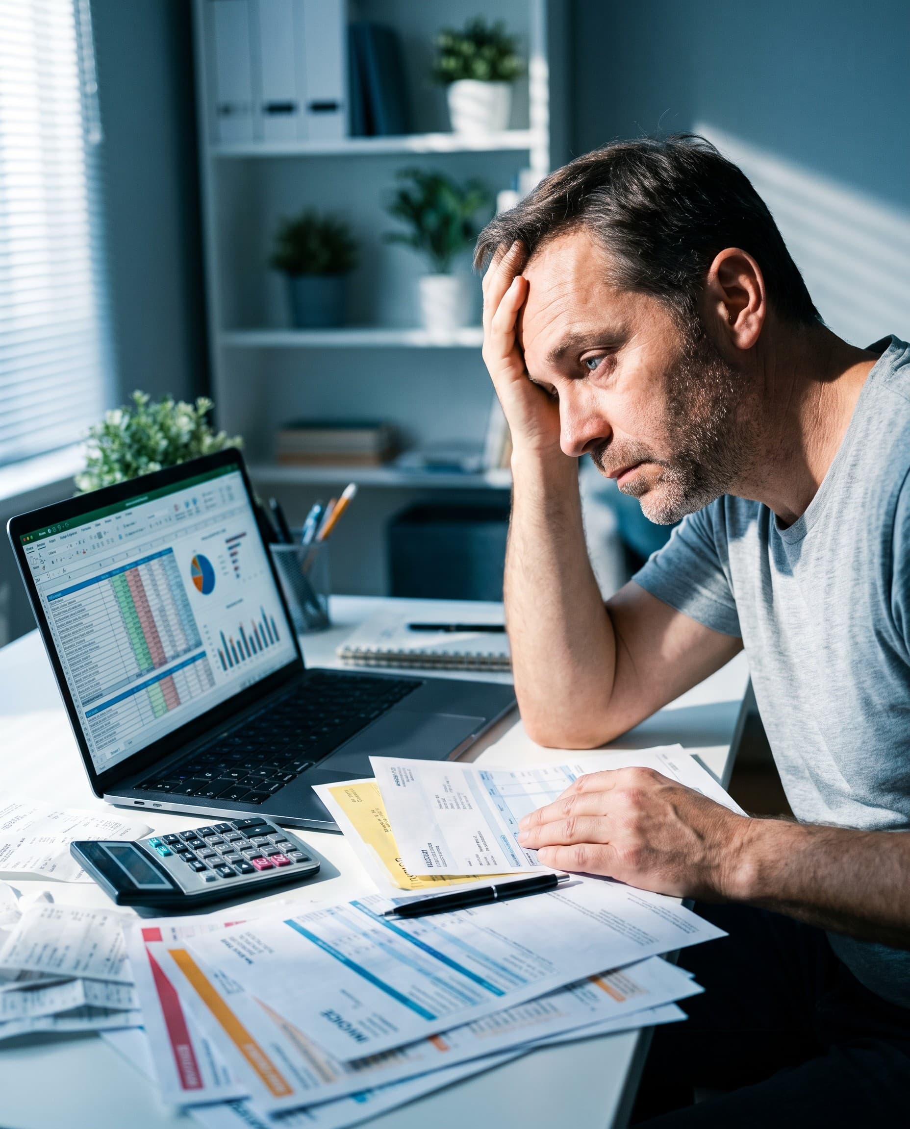 Frustrated business owner surrounded by paperwork and invoices